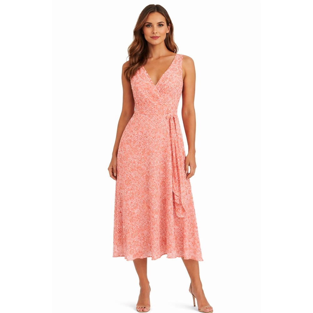 DKNY Womens 6 Coral Pink Abstract Print Faux Wrap Chiffon‎ Midi Dress Sleeveless